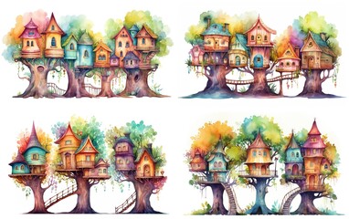 watercolor cartoon treehouse village in forest, collection set isolated on white background, Generative Ai
