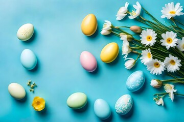 Fototapeta na wymiar easter eggs on a white, Immerse yourself in the joy of Easter with a minimalist composition featuring colorful eggs in delicate hues and vibrant flowers, set against a serene blue background, with amp