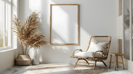 Blank picture frame mockup on white wall. White living room design. View of modern Boho style interior with chair. Home staging and minimalism concept