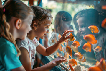 happy kids look at fishes in an aquarium park