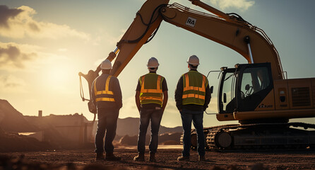 Construction workers in hard hats on a construction site during sunrise or sunset. The low sun creates long shadows and a dramatic backdrop with construction machinery and structures.
