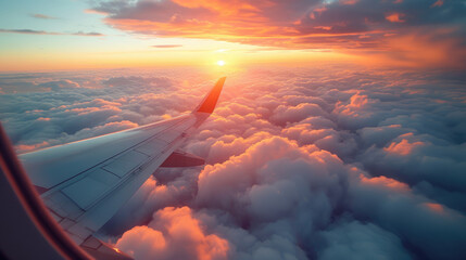 Capturing the freedom and tranquility of air travel, airplane cruises at high altitude, wings cutting through sea of clouds, wonder of flying and the beauty of journeying, airplane, air travel - obrazy, fototapety, plakaty