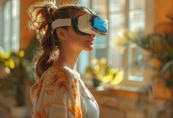 Woman standing playing with a virtual reality lenses in the living room. Generative AI.