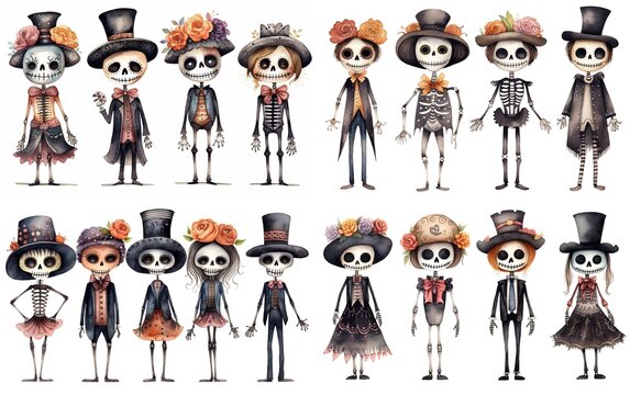 watercolor cartoon cute skeleton lady and gentleman wearing 18th century outfit, día de los muertos, day of the dead, collection set isolated on white background, Generative Ai