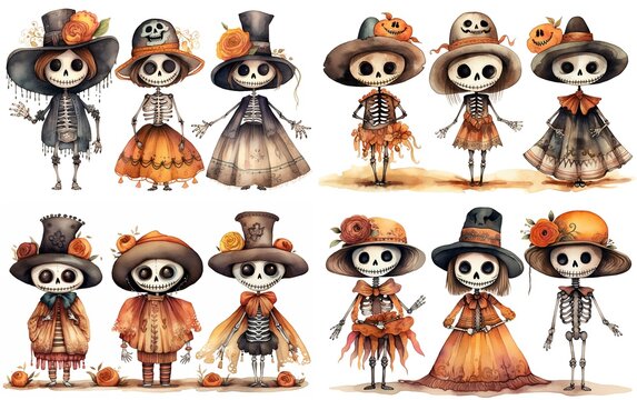 watercolor cartoon cute skeleton lady and gentleman wearing 18th century outfit, día de los muertos, day of the dead, collection set isolated on white background, Generative Ai