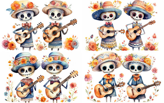 watercolor cartoon cute skeleton banjoist happy cheerful with spring flowers blossoming , día de los muertos, day of the dead, collection set isolated on white background, Generative Ai
