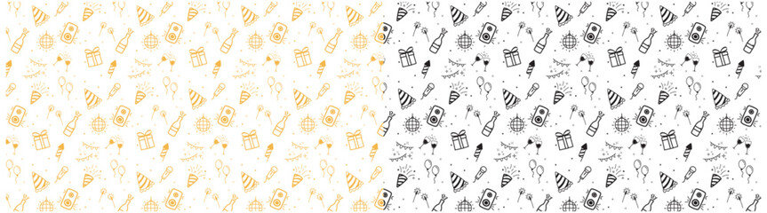 doodle party icon seamless pattern background, sketch style hand drawing anniversary icon, birthday - obrazy, fototapety, plakaty