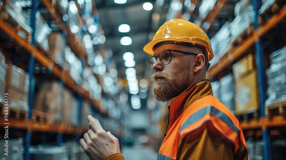 Poster A large warehouse operator checking data at warehouse. Generative AI.