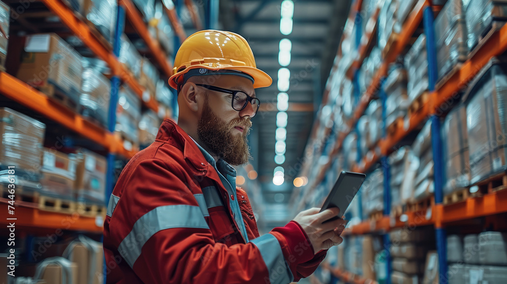 Poster A large warehouse operator checking data at warehouse. Generative AI.
