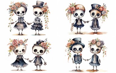 Obraz premium watercolor cartoon cute skeleton lover couple bride and groom wearing wedding gown, happy forever love theme, collection set isolated on white background, Generative Ai