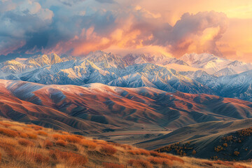 Expansive mountain range panorama with snow-capped peaks, rolling hills.
