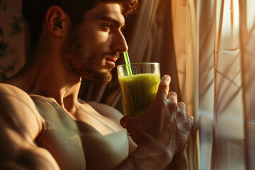 Healthy athletic man drinking green smoothie post workout at home, healthy life concept - obrazy, fototapety, plakaty