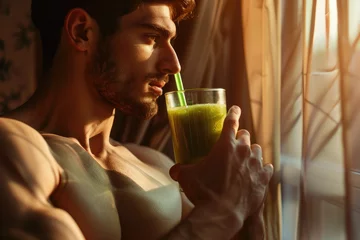 Poster Healthy athletic man drinking green smoothie post workout at home, healthy life concept © Kien