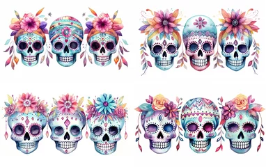 Cercles muraux Crâne aquarelle watercolor cartoon cute skeleton skull decorated with make up and spring flower headdress, día de los muertos, day of the dead, collection set isolated on white background, Generative Ai