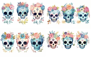 Cercles muraux Crâne aquarelle watercolor cartoon cute skeleton skull decorated with make up and spring flower headdress, día de los muertos, day of the dead, collection set isolated on white background, Generative Ai