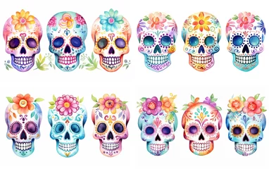 Naadloos Behang Airtex Schedel watercolor cartoon cute skeleton skull decorated with make up and spring flower headdress, día de los muertos, day of the dead, collection set isolated on white background, Generative Ai