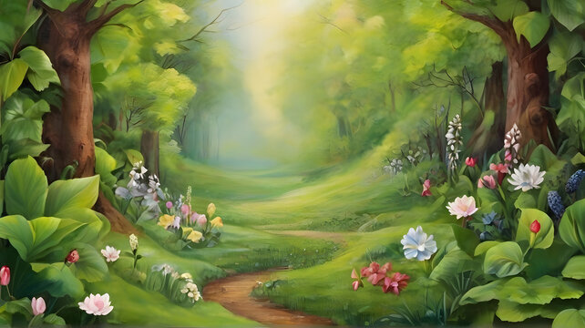 fairy landscape with flowers and trees 