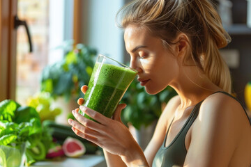 Healthy athletic woman drinking green smoothie post workout at home, healthy life concept