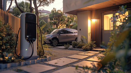 Electric car charging battery on EV charger at contemporary residential house, The best EV charger...