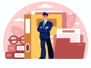 Chief Accountant. Businessman stands with arms crossed on chest. Standing confident man in a suit and tie. Folders with documents. Concept of working with documentation. Vector graphics