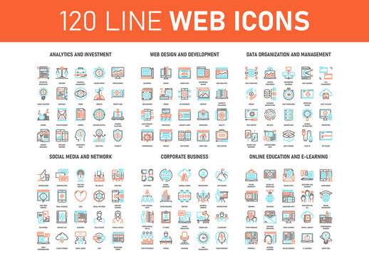 Vector set of 120 flat line web icons on following themes - online education, social media and network, corporate business, web design and development, data management, analytics and investment
