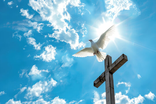 close view of Holy Spirit. Winged Dove flying in front of the cross against blue sky with clouds