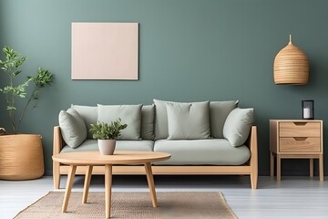 Interior of modern living room with green sofa and wooden coffee table