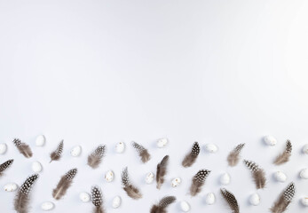 Top view of brown feathers, white easter eggs on white background. Creative easter composition, spring, copy space, flat lay. 