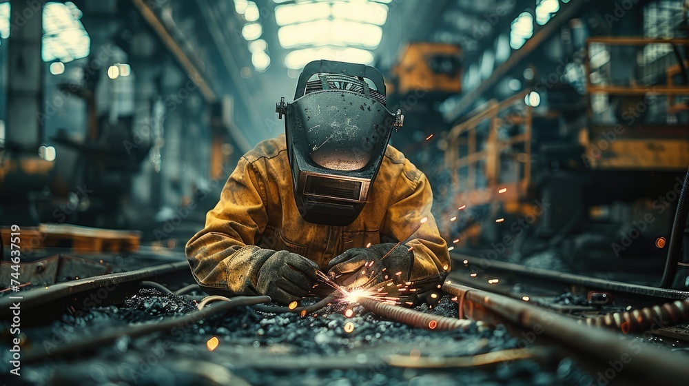 Poster a worker welding in a factory. generative ai.