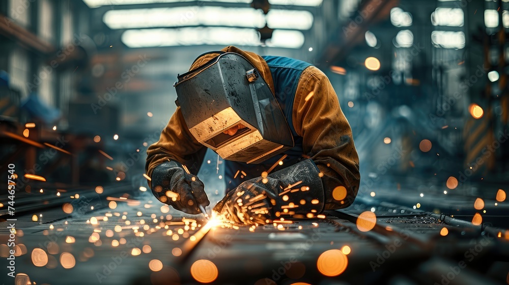 Poster A Worker welding in a factory. Generative AI.