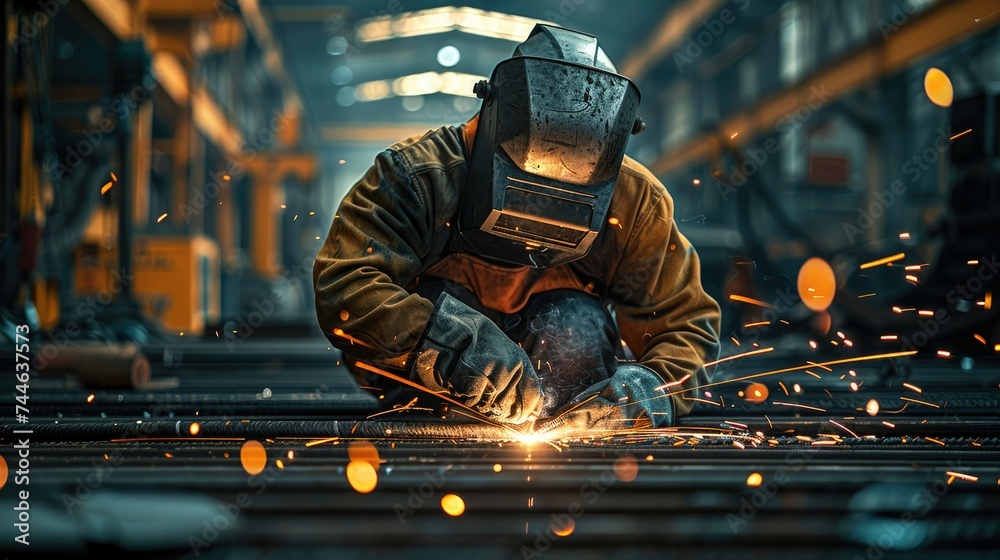 Poster A Worker welding in a factory. Generative AI.