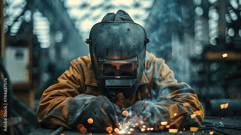 Poster A Worker welding in a factory. Generative AI.