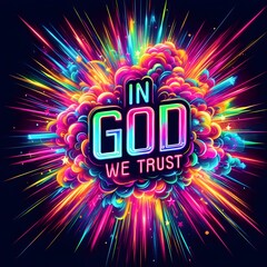 Text in god we trust,explosion of neon colors.
 - obrazy, fototapety, plakaty