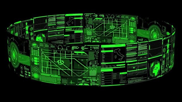 Ring futuristic maps, schemes and diagrams of the future. 3D animation.