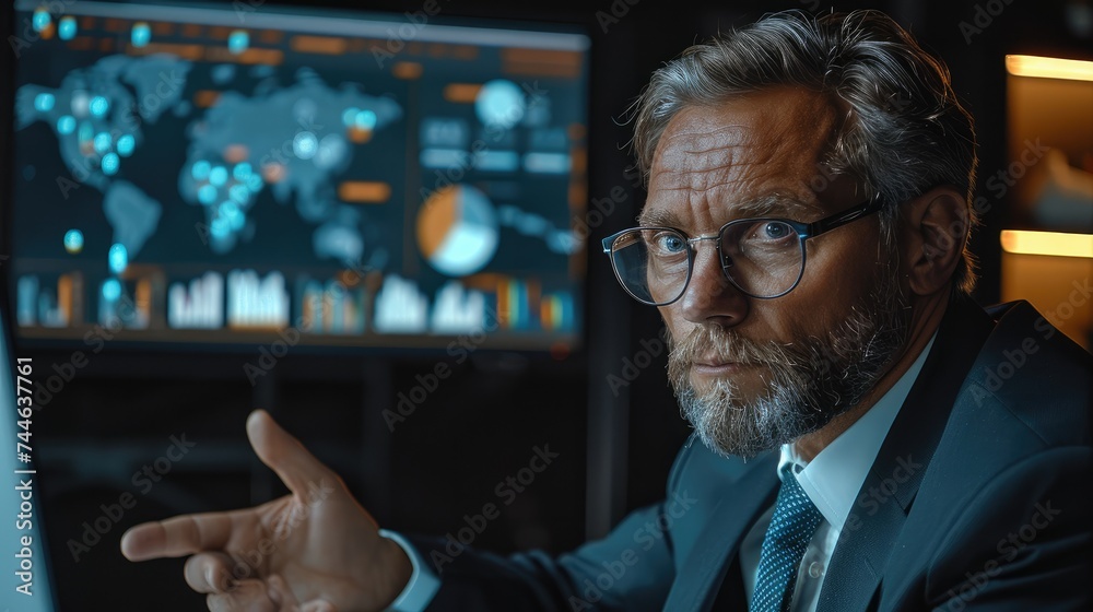 Poster A wealth management advisor engaged in a deep conversation with his client. The advisor is demonstrating the use of AI in managing complex financial data. Generative AI.