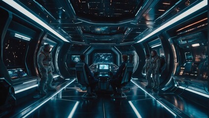 Sci-fi spaceship interior with futuristic technology, holographic displays, and astronauts exploring. Great for space exploration content.