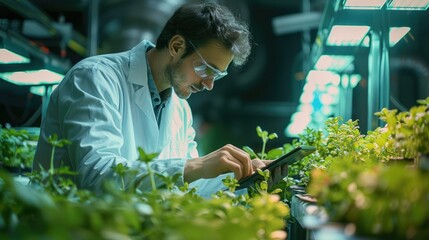 A focused male scientist meticulously analyzes plant health on a digital tablet, In the heart of a hydroponic farm surrounded by vibrant greenery under the glow of LED lights. Generative AI.