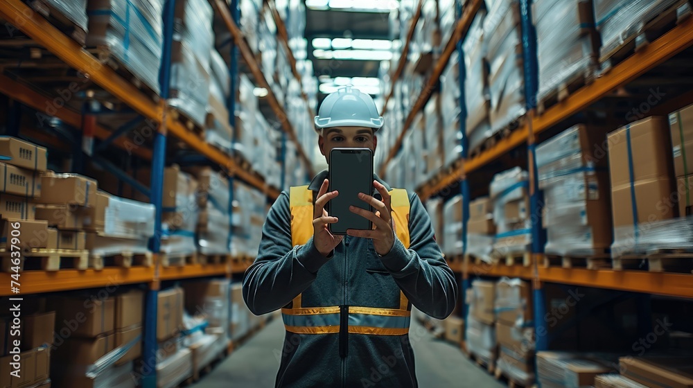 Aufkleber a worker holding a smartphone in a warehouse. generative ai.