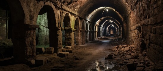 Historical, deserted underground stronghold with tunnels. - obrazy, fototapety, plakaty