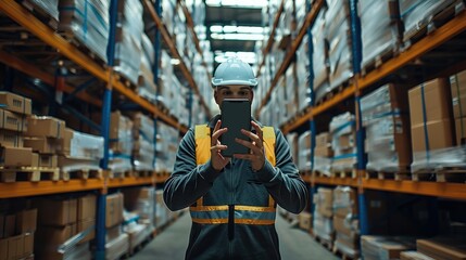 A worker holding a smartphone in a warehouse. Generative AI. - obrazy, fototapety, plakaty