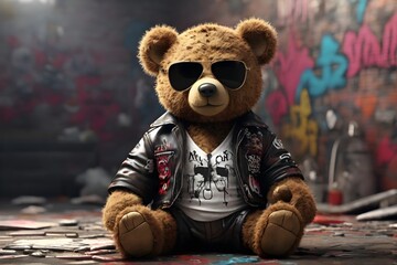 Digital art gangster Teddy bear with stitches and classic aviator sunglasses graffiti all over the walls - obrazy, fototapety, plakaty