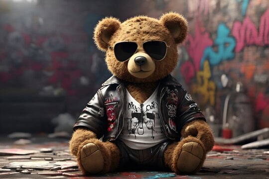 Digital art gangster Teddy bear with stitches and classic aviator sunglasses graffiti all over the walls