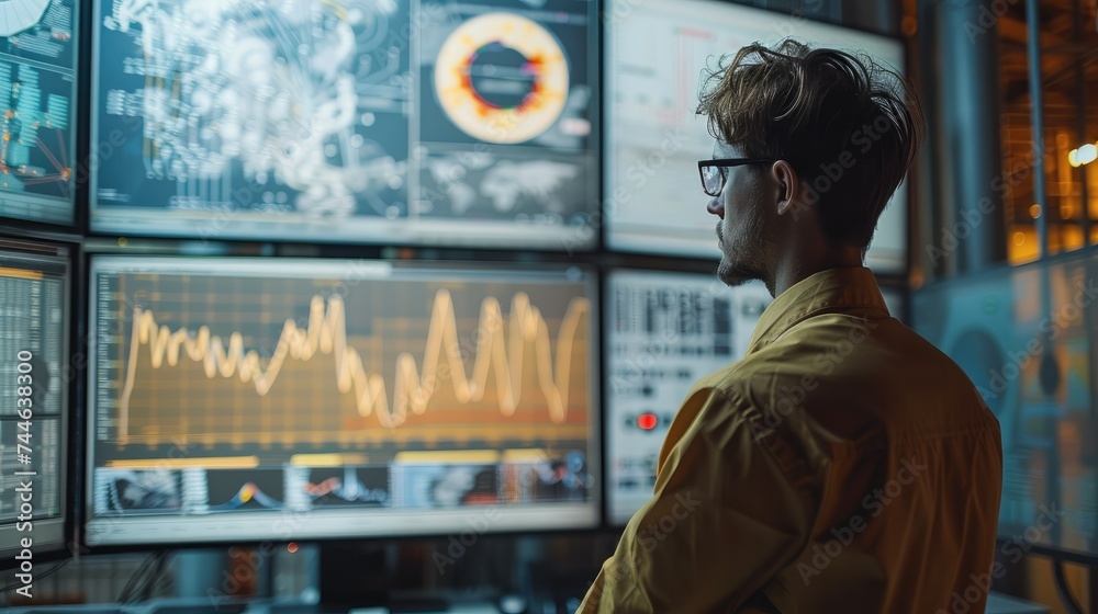 Leinwandbilder An engineer is looking at the graphs of power curve on the screen. Generative AI.