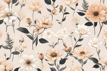 seamless floral pattern, Immerse yourself in the serene beauty of flowers in muted, earthy tones, evoking a sense of calm and elegance against a minimalist beige background
