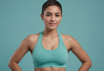 Fototapeta na wymiar A fit young woman in a turquoise sports bra stands with confidence, showcasing her active lifestyle and readiness.