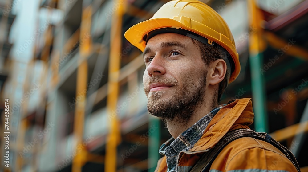 Aufkleber a builder in a helmet at construction site, scaffolding on the background. generative ai.