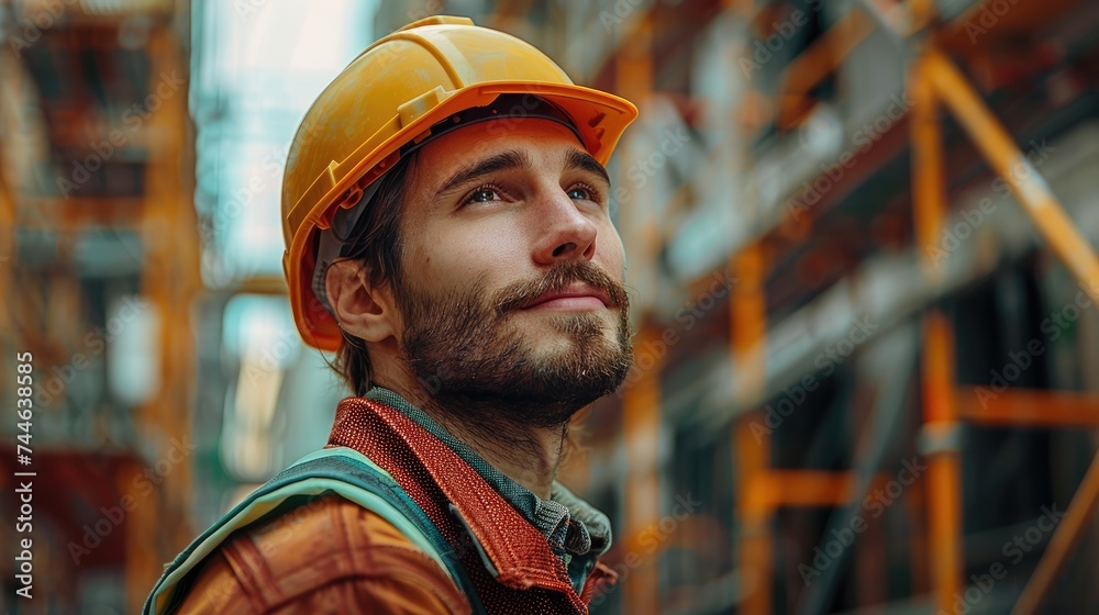 Aufkleber a builder in a helmet at construction site, scaffolding on the background. generative ai.