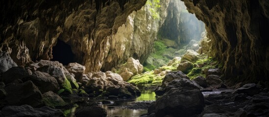 Closeup of the entrance to a deserted cave formed by karst.