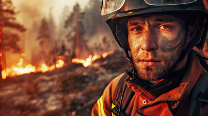 portrait of a courageous male firefighter against the backdrop of a forest fire - obrazy, fototapety, plakaty