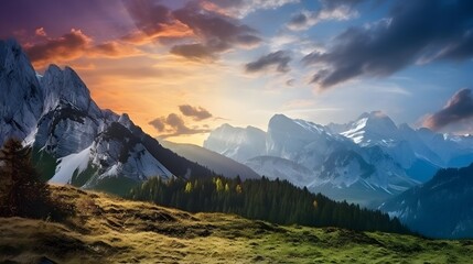 Panoramic view of alpine meadow and mountains at sunset - obrazy, fototapety, plakaty